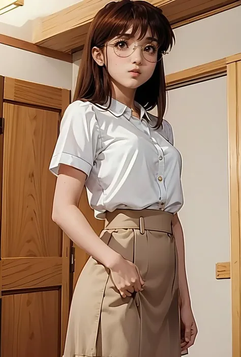 「(Masterpiece, High Quality, Ultra High Quality, 4K)A dark-haired、-yeld Ja girl、Uniform skirt、Emphasis on the thighs、white thighhig,Soft thighs、Glossy thighs、sitting in classroom、Face-to-face angle,(Angle from below),Sitting in a classroom seat,Sitting at the front,Zoom camera in the crotch,Feet are on the classroom floor,full bodyesbian,Looking down and sleepy,Watching the viewer only」, best quality, ultra high definition, (photorealistic:1.4),, high resolution, detail, raw photo, sharp re, Nikon D850 film stock photo by Lee Jefferies 4 kodak portra 400 camera f1.6 lens rich colors hyper realistic lively textures dramatic lighting unreal engine artstation trends cinestir 800,