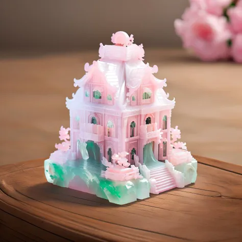 a (pink jadeite:1.3, transparent:1.3) villa, building model, <lora:jadeitecarvingcd-000007:0.9>, jadeitecarvingcd with (pink theme:1.3), no humans, high quality, masterpiece, realistic, photorealistic, long-focus, (indoors, on table:1.2),