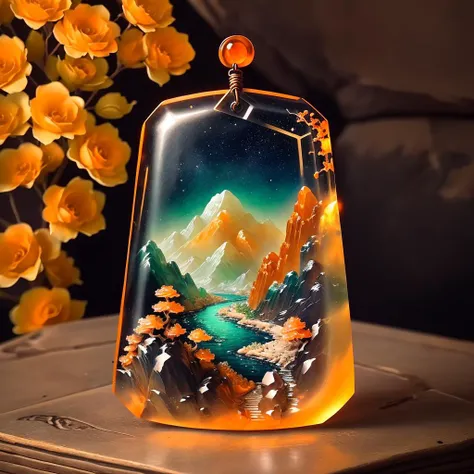 a (orange jadeite:1.3, transparent:1.3) rectangle pendant, carved with mountains and rivers, <lora:jadeitecarvingcd-000006:0.8>, jadeitecarvingcd with (orange theme:1.3), no humans, high quality, masterpiece, realistic, photorealistic, long-focus, (indoors, on table:1.2),