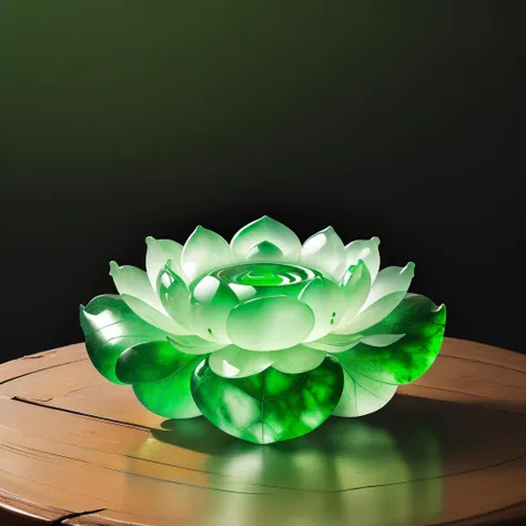 a (green jadeite:1.3, transparent:1.3) lotus flower and lotus leaf, <lora:jadeitecarvingcd-000007:0.6>, jadeitecarvingcd with (green theme:1.3), no humans, high quality, masterpiece, realistic, photorealistic, long-focus, (indoors, on table:1.2),