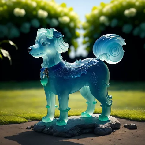 a (blue jadeite:1.3, transparent:1.3) dog, (solo:1.2), standing in lawn, <lora:jadeitecarvingcd-000007:0.8>, jadeitecarvingcd with (blue theme:1.3), no humans, high quality, masterpiece, realistic, photorealistic, long-focus, (outdoors)