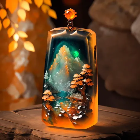 a (orange jadeite:1.3, transparent:1.3) rectangle pendant, carved with mountains and rivers, <lora:jadeitecarvingcd-000007:0.8>, jadeitecarvingcd with (orange theme:1.3), no humans, high quality, masterpiece, realistic, photorealistic, long-focus, (indoors, on table:1.2),