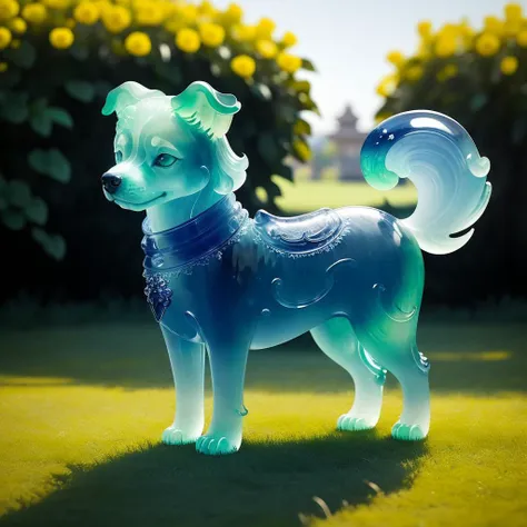 a (blue jadeite:1.3, transparent:1.3) dog, (solo:1.2), standing in lawn, <lora:jadeitecarvingcd-000006:0.6>, jadeitecarvingcd with (blue theme:1.3), no humans, high quality, masterpiece, realistic, photorealistic, long-focus, (outdoors)