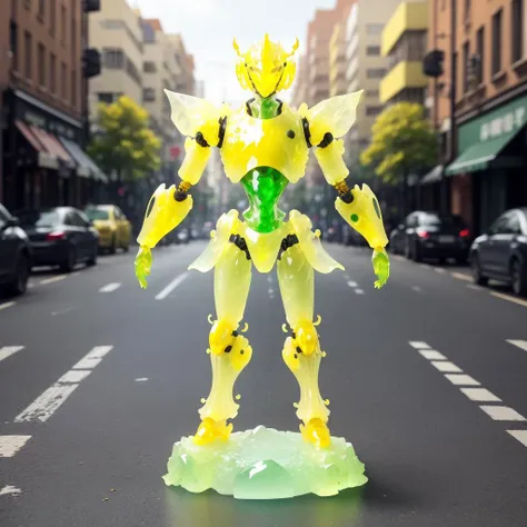 a (yellow jadeite:1.3, transparent:1.3) armored robot, (solo:1.2), standing in street, <lora:jadeitecarvingcd-000006:0.6>, jadeitecarvingcd with (yellow theme:1.3), no humans, high quality, masterpiece, realistic, photorealistic, long-focus, (outdoors, cityscape)