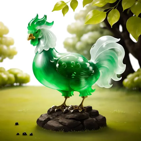 a (green jadeite, transparent:1.1) rooster, (solo:1.2), standing in lawn, <lora:jadeitecarvingcd-000006:0.8>, jadeitecarvingcd, no humans, high quality, masterpiece, realistic, photorealistic, long-focus, (outdoors)