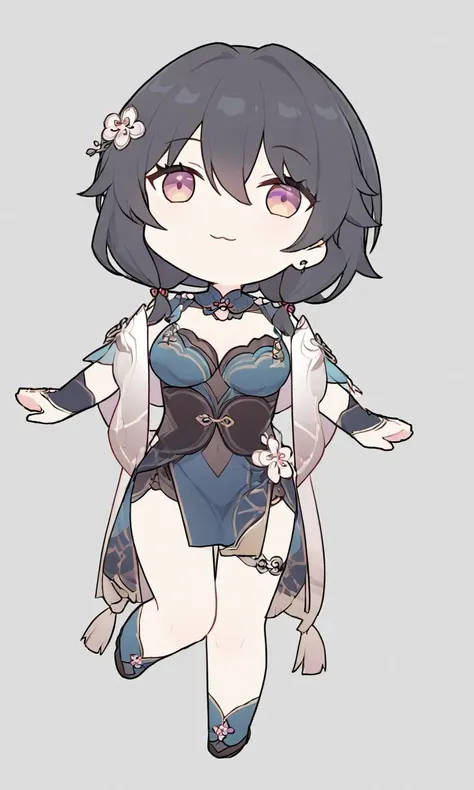 (masterpiece),(highest quality),highres,(an extremely delicate and beautiful),(extremely detailed),
1girl,Ruanmei,light smile,simple background,full body,chibi,
bangs,black hair,hair between eyes,(blue eyes:0.5),
hair ornament,jewelry,
dress,
pelvic curtain:0.5,
thighs,
<lora:SDXL-1-Ruanmei2-0106:0.65>,
plum blossom:0.3,<lora:xl_dacongming(kohaku_delta)-000005:1>,