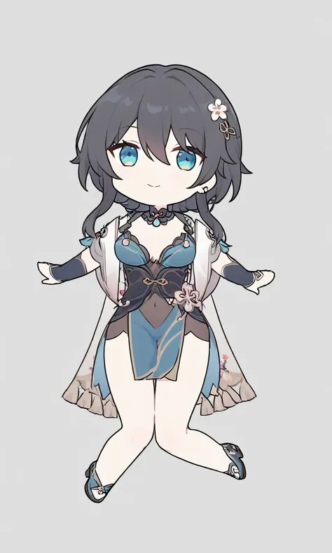 (masterpiece),(highest quality),highres,(an extremely delicate and beautiful),(extremely detailed),
1girl,Ruanmei,light smile,simple background,full body,chibi,
bangs,black hair,hair between eyes,(blue eyes:0.5),
hair ornament,jewelry,
dress,
pelvic curtain:0.5,
thighs,
<lora:SDXL-1-Ruanmei2-0106:0.65>,
plum blossom:0.3,<lora:xl_dacongming(kohaku_delta)-000005:1>,