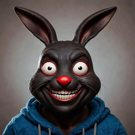 (burglar bunny), (blue fur), (dark face mask)(covering eyes), (black hood)(double peak), (exposed chin), (wide grin)(row of teeth), (light brown)(round face), (red ball nose), cartoon