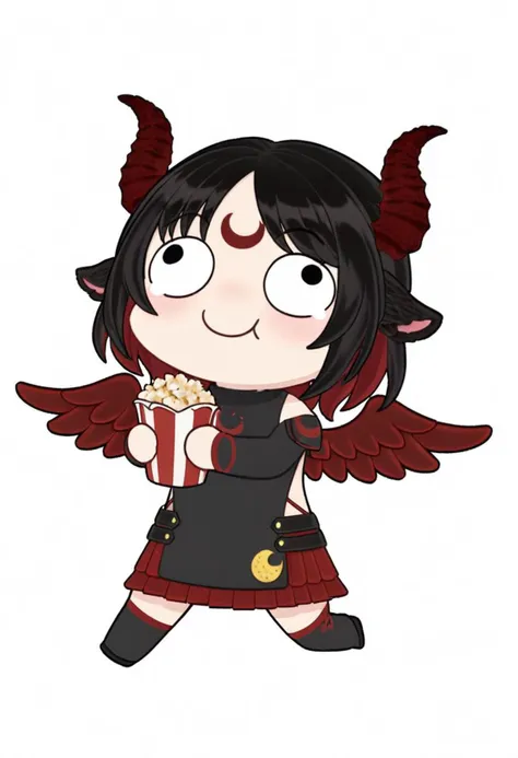 Aluki, 1 girl, solo, moon mark on forehead, jet black hair, orange eyes, black goat ears only, red goat horns, medium hair, orange eyes, blue eyeliner, no human ears, 2 wings, no wings on the head,only red wings on the back,1 whisker marks, eating popcorns, squinting eyes (meme), chibi, chibi,cute,simple white background, <lora:xl_dacongming(kohaku_delta)-000005:1>,chibi,full body,smile,black eyes