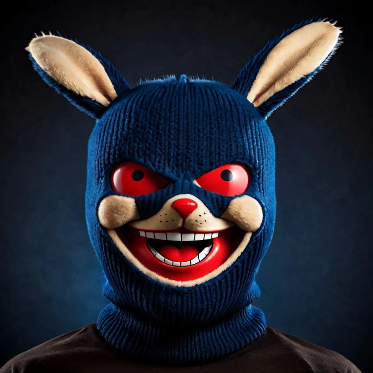 (cartoon bunny), (dark blue fur), (black ski mask), (exposed chin)(exposed cheeks), (tan-colored)(round face), grin(teeth), (red spherical nose)
