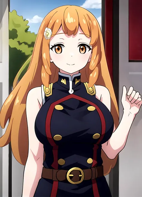 masterpiece, best quality, outdoors, <lora:Sahara Wakasa anylora40r75r-000006:0.7>, Sahara Wakasa, 1girl, solo, looking at viewer, orange eyes, uniform, sleeveless, bare shoulders, long hair, hair ornament, large breasts, orange hair, belt uniform,