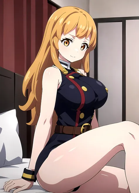 masterpiece, best quality,  <lora:Sahara Wakasa anylora40r75r-000006:0.7>, Sahara Wakasa, 1girl, solo, breasts, orange eyes, long hair, large breasts, upper body, orange hair, belt uniform, wristband, arms at sides, thighs, sitting on the bed, bottom view, view between legs