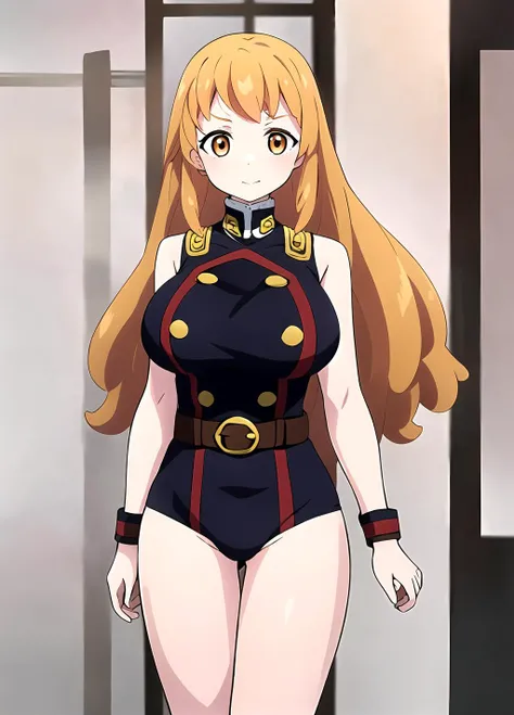 masterpiece, best quality, <lora:Sahara Wakasa anylora40r75r-000006:0.7>, Sahara Wakasa, 1girl, solo, breasts, orange eyes, long hair, large breasts, upper body, orange hair, belt uniform, wristband, arms at sides, thighs