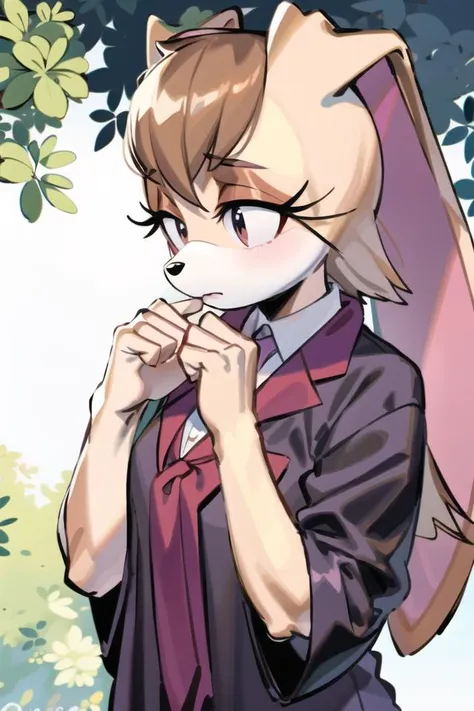 best quality, masterpiece, solo, 1girl, <lora:vanilla_the_rabbit-10:0.9>, vanillatherabbit, (animal nose),ojou-sama_pose,lonely,lapel