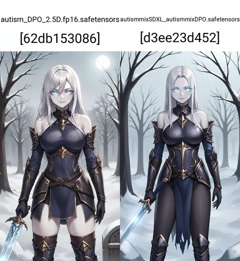 score_9, score_8_up, score_7_up, source_anime, solo, cowboy shot, HKStyle BREAK
(vl4dil3n4:1.1), corrupted, (pale skin:1.1), lich, white hair, blue eyes, glowing eyes, undead, black boots, black gloves, black armor, dark armor, bare shoulders, standing, holding ice sword, cruel smile, fallen to evil, (large breasts, thighs:0.8), BREAK
winter, snow, tree, graveyard <lora:vl4dil3n4-ponyxl-1:0.6> <lora:HKStyle:0.8>