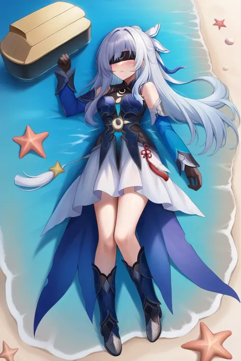1female,standing,<lora:JingliuPDA8HSR:0.9>,jgsd,blue armored dress,white skirt,tassels,hair ribbon,gloves,blue sleeves,armored boots || blindfold,crescent(marking),(Lying on the back, pretending to be a starfish:1.1),