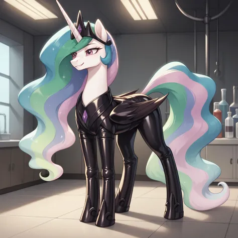 score_9, score_8_up, score_7_up, source_anime, solo, BREAK
princess celestia, feral pony, corrupted, latex armor, dark armor, standing, cruel smile, fallen to evil,
indoors, laboratory