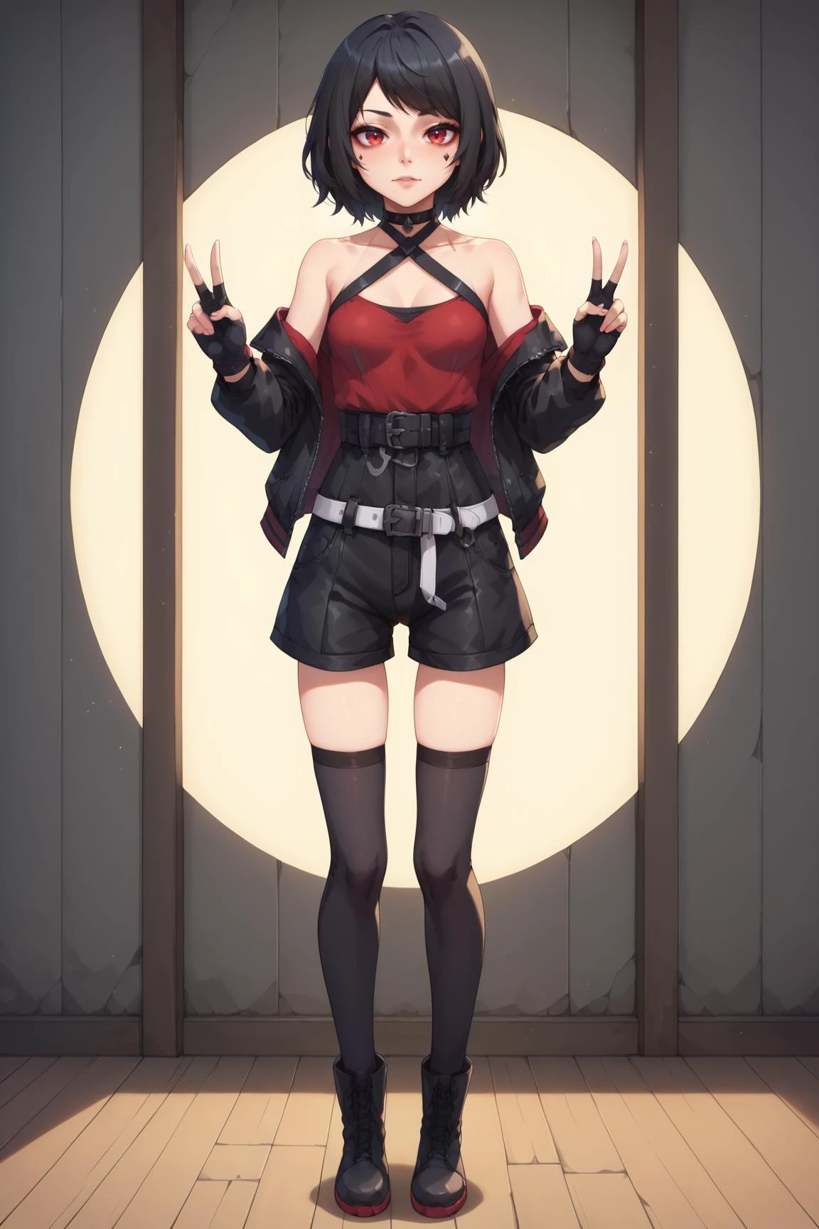 score_9, score_8_up, score_7_up, (((1girl, solo))), sfw, from front, full body, black hair, red eyes, black pupils, swept bangs, small breasts, medium hair, black choker, black halter top, multicolored top, red top, black striped top, black short, leather jacket with long sleeves, half closed eyes, closed mouth, black shorts, (black stocking, thighhighs, zettai ryouiki), boots, loose white belt, standing, black gloves, fingerless gloves, double v, smile, feet shoulder-width apart, <lora:Magic_cube_and_semis_semi:0.9>