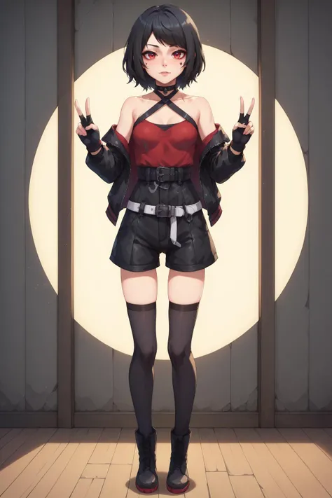 score_9, score_8_up, score_7_up, (((1girl, solo))), sfw, from front, full body, black hair, red eyes, black pupils, swept bangs, small breasts, medium hair, black choker, black halter top, multicolored top, red top, black striped top, black short, leather jacket with long sleeves, half closed eyes, closed mouth, black shorts, (black stocking, thighhighs, zettai ryouiki), boots, loose white belt, standing, black gloves, fingerless gloves, double v, smile, feet shoulder-width apart, <lora:Magic_cube_and_semis_semi:0.9>