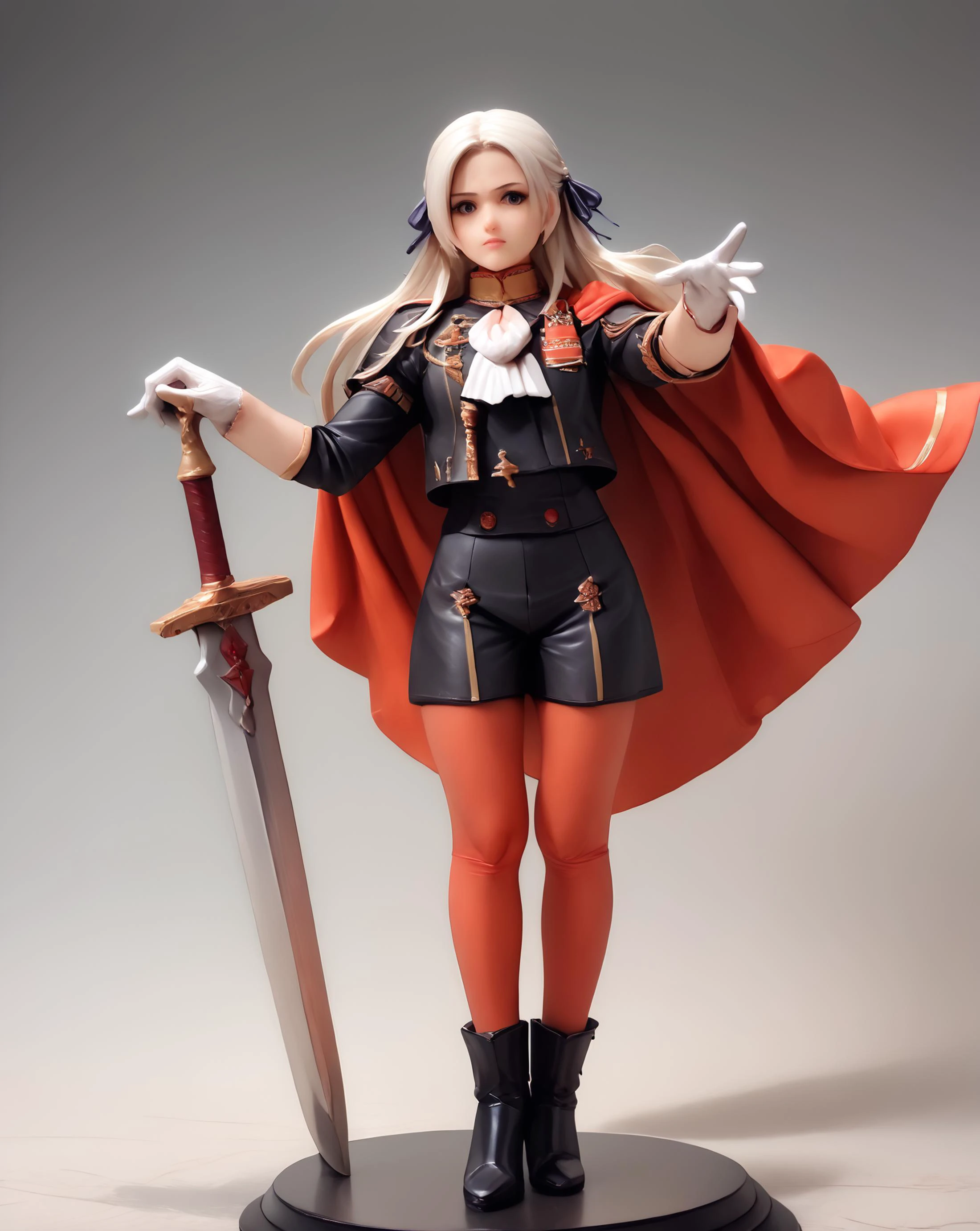 (score_9,score_8_up,score_7_up,score_6_up),high res,high contrast,3d,
1girl,solo,defEdel, beautiful detailed face,hair ribbon, long hair, side cape, black jacket, white ascot, black shorts, red pantyhose, white gloves, black boots,7 heads feet,
Reaching an arm forward,stretch arm,holding long sword,(shoot from below:0.7),ph4nt0m01l,
dark room,figure style,photorealistic,photo \(medium\),perfect hand,
<lora:Model_2:0.5>, <lora:edelgard-pdxl-nvwls-v1:0.9>, ,<lora:add-detail-xl:1.3>, <lora:ph4nt0m01lXLP:0.7>, <lora:EpicF4nta5yXL:1>, <lora:detailed_eye_model:0.4>, <lora:Anime_Figure_P1:1>