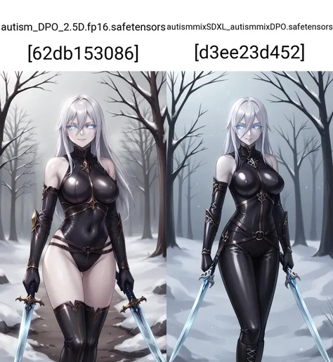 score_9, score_8_up, score_7_up, source_anime, solo, cowboy shot, HKStyle BREAK
(vl4dil3n4:1.1), corrupted, (pale skin:1.1), lich, white hair, hair between eyes, blue eyes, glowing eyes, undead, latex boots, black gloves, latex armor, dark armor, bare shoulders, standing, holding ice sword, cruel smile, fallen to evil, (large breasts, thighs:0.8), BREAK
winter, snow, tree, graveyard <lora:vl4dil3n4-ponyxl-1-000009:0.8> <lora:FantasyKnightsHKStyle:0.8>