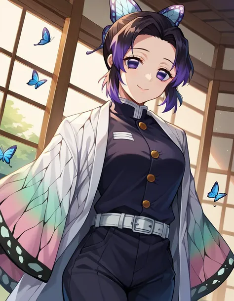 score_9, score_8_up, score_7_up, source_anime,
shinobukochou, <lora:shinobu-kochou-ponyxl-lora-nochekaiser:1>,
shinobu kochou, animal print, black hair, butterfly, butterfly hair ornament, butterfly print, forehead, gradient hair, hair ornament, haori, multicolored hair, parted bangs, purple hair, short hair, two-tone hair,
belt, black pants, butterfly print, coat, demon slayer uniform, haori, japanese clothes, pants, uniform,
indoors, smile,
looking at viewer, dutch angle, cowboy shot,