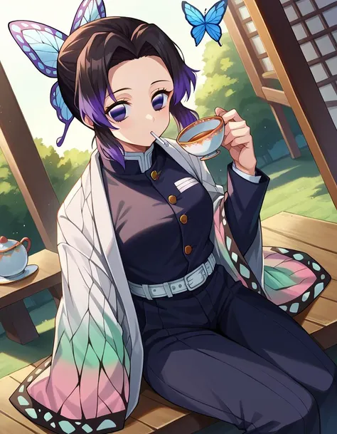 score_9, score_8_up, score_7_up, source_anime,
shinobukochou, <lora:shinobu-kochou-ponyxl-lora-nochekaiser:1>,
shinobu kochou, animal print, black hair, butterfly, butterfly hair ornament, butterfly print, forehead, gradient hair, hair ornament, haori, multicolored hair, parted bangs, purple hair, short hair, two-tone hair,
belt, black pants, butterfly print, coat, demon slayer uniform, haori, japanese clothes, pants, uniform,
outdoors, porch, sitting, teacup, drinking,
looking at viewer, dutch angle, cowboy shot,