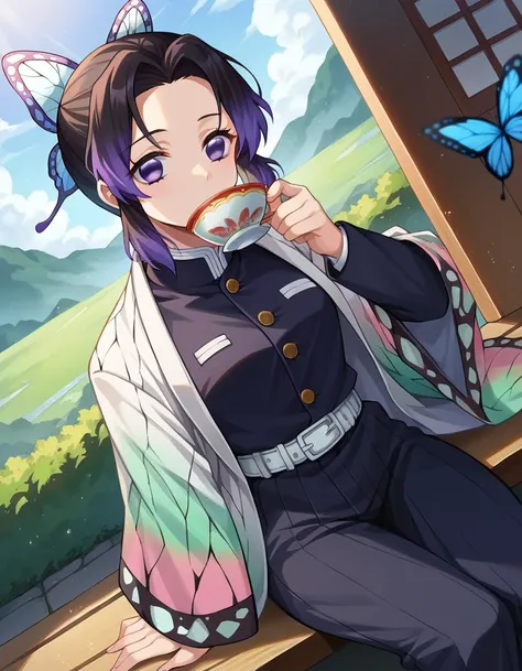 score_9, score_8_up, score_7_up, source_anime,
shinobukochou, <lora:shinobu-kochou-ponyxl-lora-nochekaiser:1>,
shinobu kochou, animal print, black hair, butterfly, butterfly hair ornament, butterfly print, forehead, gradient hair, hair ornament, haori, multicolored hair, parted bangs, purple hair, short hair, two-tone hair,
belt, black pants, butterfly print, coat, demon slayer uniform, haori, japanese clothes, pants, uniform,
outdoors, porch, sitting, teacup, drinking,
looking at viewer, dutch angle, cowboy shot,