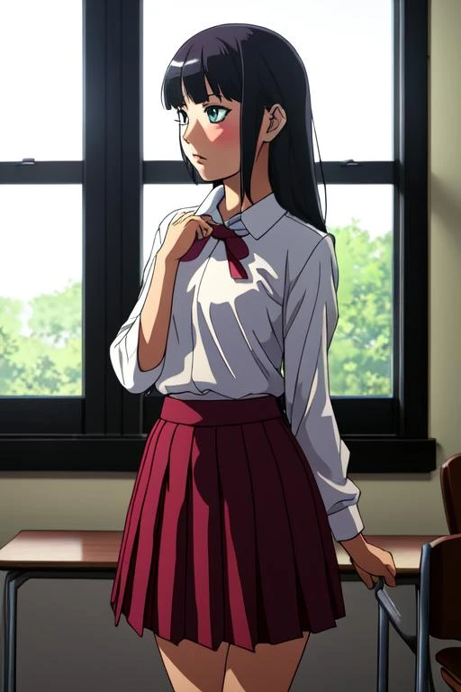 (masterpiece:1.2, best quality:1.2, beautiful, high quality, highres:1.1, aesthetic),
1girl,serafuku,holding skirt,hands,medium breasts,blush,looking away,straight-on,school,indoors, classroom, window, wind, open window, <lora:AS207:0.65>