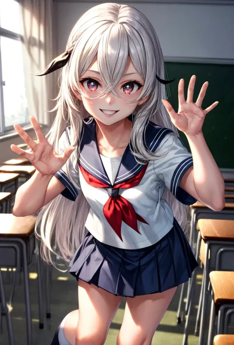 (masterpiece), best quality, (((ultra detailed, 8k quality))), expressive eyes, perfect face, perfect anatomy, perfect body, scene, <lora:scene_:0.7>, <lora:more_details:0.7>, <lora:beautiful_detailed_eyes:0.5>, <lora:GoodHands-vanilla:1>, <lora:give_it_a_name:0.7>,
Gangut, long hair, <lora:Gangut:0.8>
skirt, school uniform, short sleeves, pleated skirt, serafuku, socks, blue skirt, neckerchief, red neckerchief, white sailor collar, close portrait , teen body and face, classroom, indoor, waving hands, smile