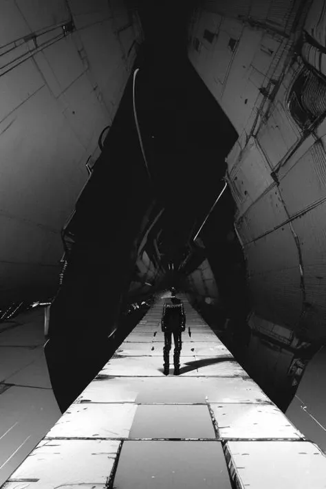 blame,close up photo of killy,black suit,((far away)) ,((one point perspective:1.1)), cyber, cool,dark,((greyscale:1.5)), black and white <lora:blame:1>,((monochrome:1.3 ))