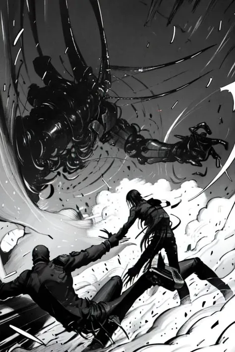 blame!, blame,killy fighting a cyber monster, cyber, cool,dark,((greyscale)), black and white <lora:blame:1>,((monochrome:1.3 ))
