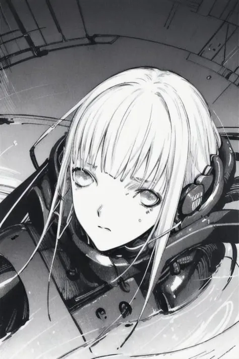 blame,((close up)) picture of cibo,black suit, cyber, cool,dark,((greyscale:1.5)), black and white <lora:blame:1>,((monochrome:1.3 )),light slime,girl,woman,white hair,tall,beautiful face, young,((manga)),((anime screencap)), <lora:animeoutlineV4_16:0.7>,lash-grazing bangs