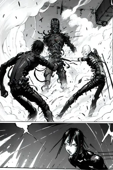 blame!, blame,killy fighting a cyber monster, cyber, cool,dark,((greyscale)), black and white <lora:blame:1>,((monochrome:1.3 ))