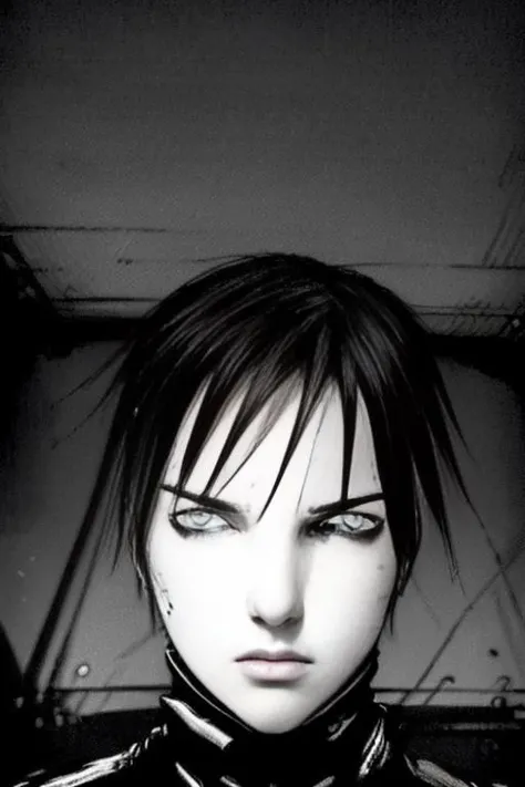 blame,((close up)) picture of killy,black suit, cyber, cool,dark,((greyscale:1.5)), black and white <lora:blame:1>,((monochrome:1.3 )),short hair, man, male,no emotion