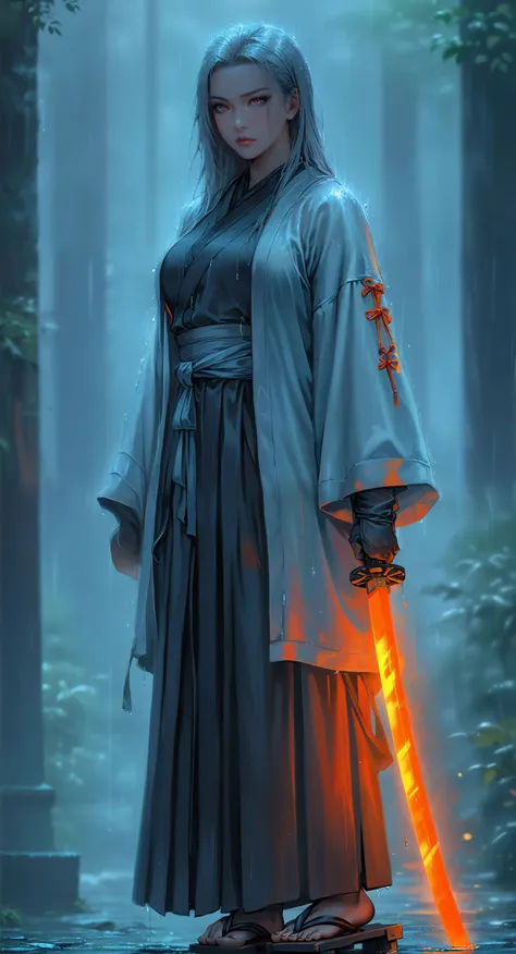 1girl, mature girl, slender, hanging breasts, silver hair, straight_hair, (hard nipples:0.5), tattoo, multicolored hair, black_hakama, side_cutout, black_kosode, white_haori, geta, katana, posing, night, rain, fantasy, (chainsaw man:0.8), <lora:add-detail-xl:1.5>, <lora:sagging-xl-v1.0:0.7>, <lora:XL_Weapon_Katana_-_By_HailoKnight>, photorealistic, ultra quality, ultra detailed, 8k, beautiful, masterpiece