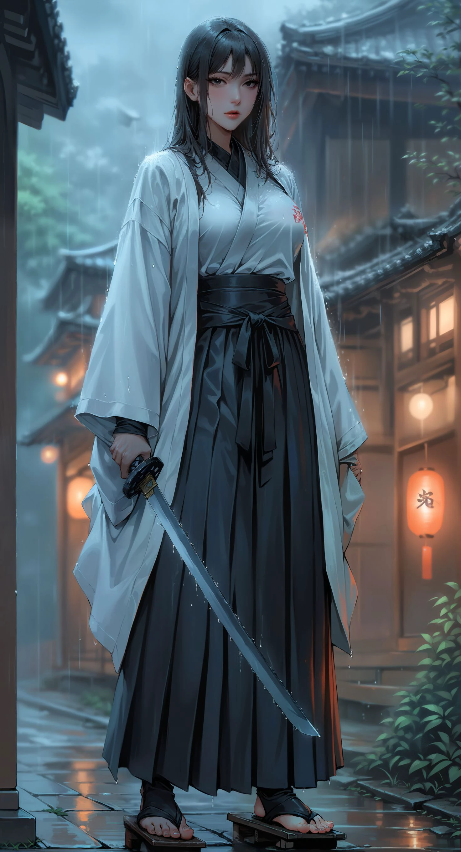 1girl, mature girl, slender, hanging breasts, silver hair, straight_hair, (hard nipples:0.5), tattoo, multicolored hair, black_hakama, side_cutout, black_kosode, white_haori, geta, posing, east_asian_architecture, night, in the rain, (chainsaw man:0.9), <lora:add-detail-xl:1.5>, <lora:sagging-xl-v1.0:0.7>, <lora:XL_Weapon_Katana_-_By_HailoKnight:0.8>, katana, photorealistic, ultra quality, ultra detailed, 8k, beautiful, masterpiece