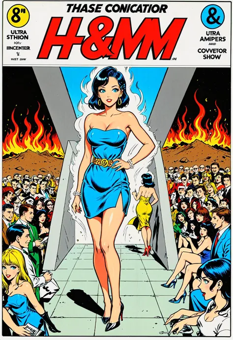 vintage comic book with title text: ("H&M":1.1), text logo, ampersand,
<lora:wizards_vintage_comics-Undergroundf16:0.7@11,0.6@12:hr=0.6>, <lora:Harrlogos_v1.1:1@11,0.8@12:hr=0.8>,
conveyor belt runway, [trash compactor:incinerator:10], [people on either side::10],
1girl, single braid, (black hair, blue eyes:0.7), strapless dress, high heels,
[cleavage,(large breasts:0.7):(sagging breasts, skindentation:0.8):10], <lora:sagging-xl-v1.0:0.0@7,0.6@8:hr=0.3>,
fashion show, masterpiece, ultra detailed, <lora:crowd_notrigger:0.6@9,0.2@10>
