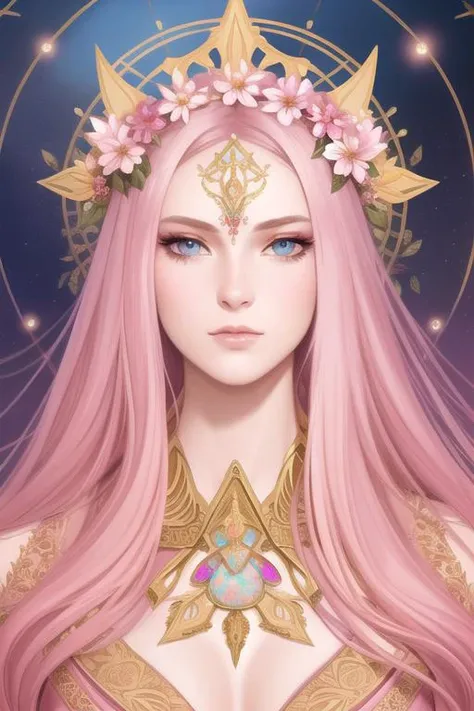 (symmetry:1.1) (portrait of floral:1.05) a woman as a beautiful goddess, (assassins creed style:0.8), pink and gold and opal color scheme, beautiful intricate filegrid facepaint, intricate, elegant, highly detailed, digital painting, artstation, concept art, smooth, sharp focus, illustration, art by greg rutkowski and alphonse mucha, 8k