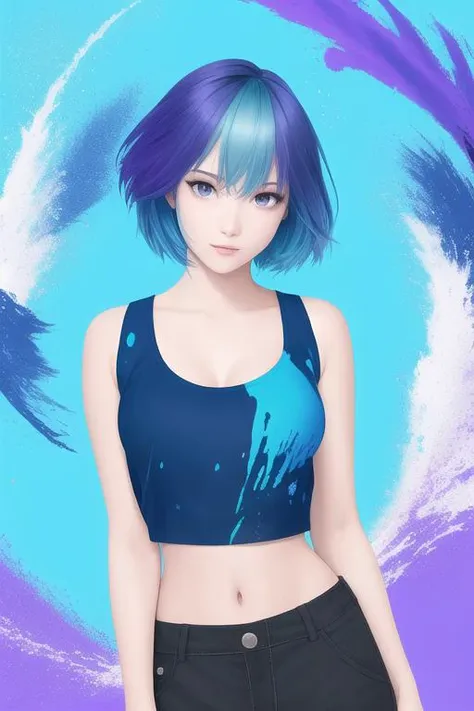 award winning half body portrait of a woman in a croptop and cargo pants with ombre navy blue teal hairstyle with head in motion and hair flying, paint splashes, splatter, outrun, vaporware, shaded flat illustration, digital art, trending on artstation, highly detailed, fine detail, intricate