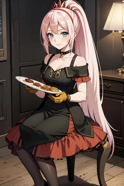 masterpiece, best quality, (colorful), shionne, 1girl, solo, long hair, looking at viewer, smile, hair ornament, gloves, dress, bow, holding, bare shoulders, sitting, very long hair, collarbone, full body, ponytail, pantyhose, hairband, choker, black gloves, off shoulder, black pantyhose, chair, red dress, plate, holding plate