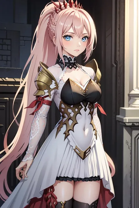 masterpiece, best quality, (colorful), shionne, 1girl, blue eyes, pink hair, solo, long hair, breasts, looking at viewer, thighhighs, dress, cleavage, medium breasts, very long hair, closed mouth, standing, full body, ponytail, braid, sidelocks, white dress, armor, white thighhighs, thigh strap, tiara, shoulder armor, bridal gauntlets, pauldrons