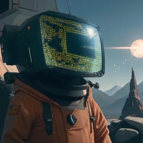 (codebullet:1.2), 1girl, codebullet hoodie, front view, hood, (crt tv:1.3), rear angle, Highly detailed RAW color Photo, Rear Angle, Full Body, of (male space soldier, wearing orange and white space suit, helmet, tined face shield, rebreather, accentuated booty), outdoors, (looking up at advanced alien structure, on alien planet), toned body, (sci-fi), (mountains:1.1), (lush green vegetation), (two moons in sky:0.8), (highly detailed, hyperdetailed, intricate), (DAY TIME:1.2), (lens flare:0.7), (bloom:0.7), particle effects, raytracing, cinematic lighting, shallow depth of field, photographed on a Sony a9 II, 50mm wide angle lens, sharp focus, cinematic film still from Gravity 2013, <lora:tv:0.8>, photorealistic, extremely detailed 8k wallpaper