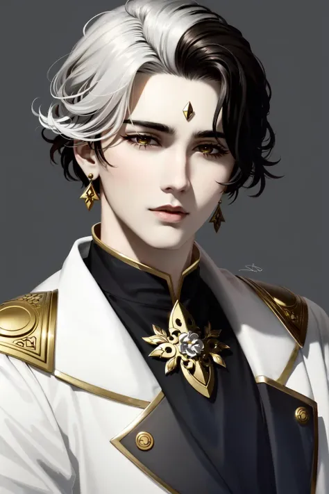 <lora:HadesEmetSelch:.7> Emet Selch,masterpiece, best quality, highres, 1boy, male focus, multicolored hair, yellow eyes, flower, solo, gloves, white gloves, two-tone hair, white hair, earrings, short hair, holding flower, fur trim, jewelry, third eye, holding, black hair, portrait, fur-trimmed coat, simple background, streaked hair, closed mouth, coat, looking at viewer, hand up, white background, upper body, brown hair, white flower, grey background, bangs, long sleeves, grey hair, expressionless, parted bangs, single earring, shaded face <lora:shadedFaceEyesIn_shadedFace:.2>