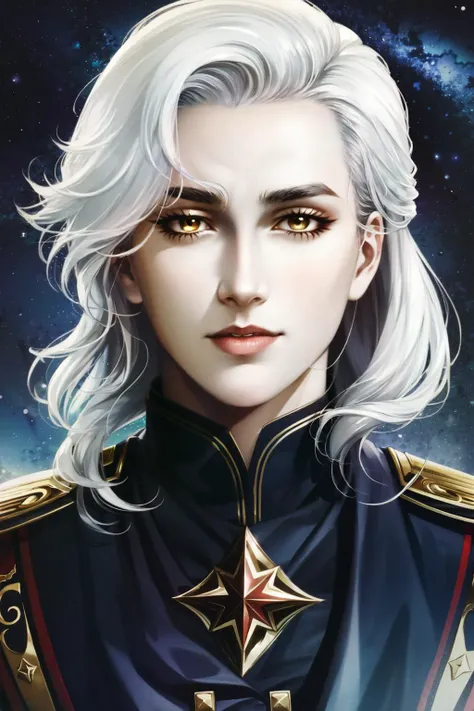 <lora:HadesEmetSelch:.7> Emet Selch,masterpiece, best quality, highres, 1boy, solo, emet selch, solo, 1boy, male focus, yellow eyes, portrait, white hair, star \(sky\), realistic, looking at viewer, starry sky, night, sky, lips, smileupper body, serious, shaded face <lora:shadedFaceEyesIn_shadedFace:.2>