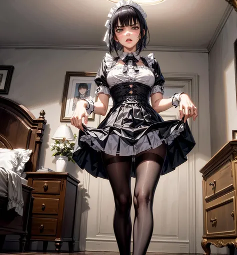 <lora:skirt lift pov by Goofy Ai:0.45>, ((skirt lift pov)), from below, lifted by self, a maid, bedroom, beautiful, serious face, black hair, pixie cut, hazel eyes, large breast, black and white outfit, maid black skirt, (maid black top), heels, black pantyhose, eleborate costume, elegant, elegance, blush, shamed, angry, disgust, breast, (show panty), (detailed face, detailed eyes), (mater piece, best quality, 8K, UHD, extreme detailed description, professional, studio lighting, sharp focus, natural lighting, highres, ultra detailed 8K CG, perfect lighting, exremely detailed background, vivid colors, soft HDR), <lora:add_detail:0.8>, <lora:Dress04:0.5> <lora:narb-overlord:0.5>, <lora:shaded_face2_pruned_0:0.6>, shaded face