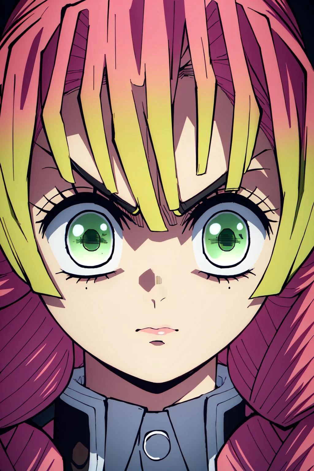 (masterpiece, best quality), intricate details,
1girl, <lora:Mitsuri:0.8> MitsuriKanroji, angry, glaring, looking down,
<lora:shadedFaceEyesIn_shadedFace:0.8> shaded face,