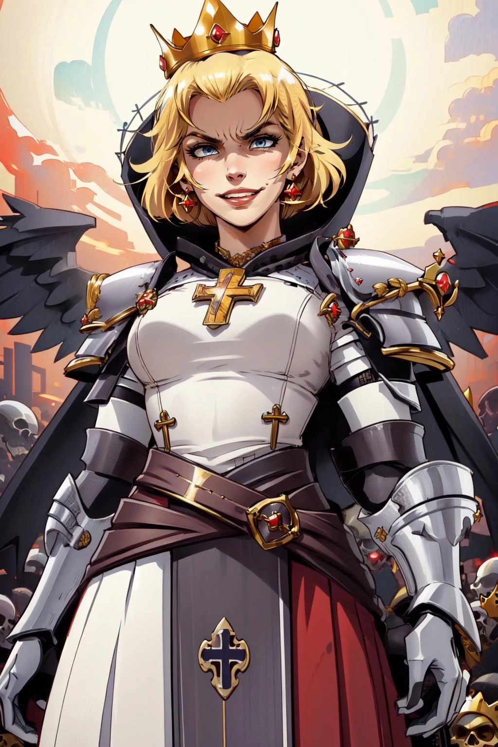 (masterpiece, best quality), intricate details,
1girl, <lora:Shadow_Queen-10:0.8> squeenp, blonde hair, blue eyes, crown,
<lora:shadedFaceEyesIn_shadedFace:0.8> shaded face, looking down, from below, evil grin, angry,
<lora:ArmorFusion:0.6> armor, cross, pauldrons, skulls, cowboy shot, pelvic curtain,