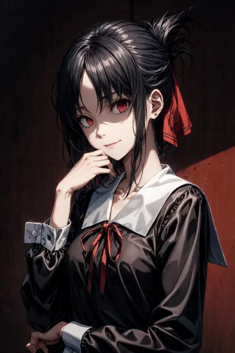 absurdres, (best quality), (masterpiece),(ultra-detailed:1.2),ultra high res,upper body,from below,
1girl,shaded face,smirk,(hands on chin:1.2),thinking,Okawaii koto ,(half_closed_eyes:0.8),tilt head,
<lora:shinomiya_kaguya:0.9>,shinomiya_kaguya, parted bangs, red ribbon, hair ribbon, sidelocks, folded ponytail, short hair, black dress, school uniform, shuuchiin academy school uniform, collarbone, long sleeves, neck ribbon,
<lora:eye-nolight_03:0.9>,red background,darkness,
<lora:shaded_face2_pruned_0:0.65> ,shaded face,
<lora:flat2:-0.5>,
<lora:LowRa:0.4> , dark theme,