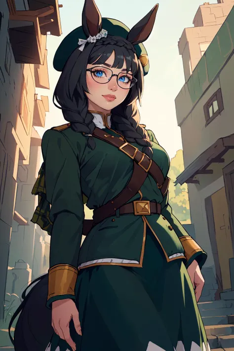 (masterpiece,best quality,absurdres,beautiful,sharp,detailed),cinematic angle,1girl, zennorobroy, braid, horse ears, horse tail,beret, glasses, green jacket, long sleeves, green skirt, scarf ,slight smile <lora:umamusume_zennorobroy:0.8>